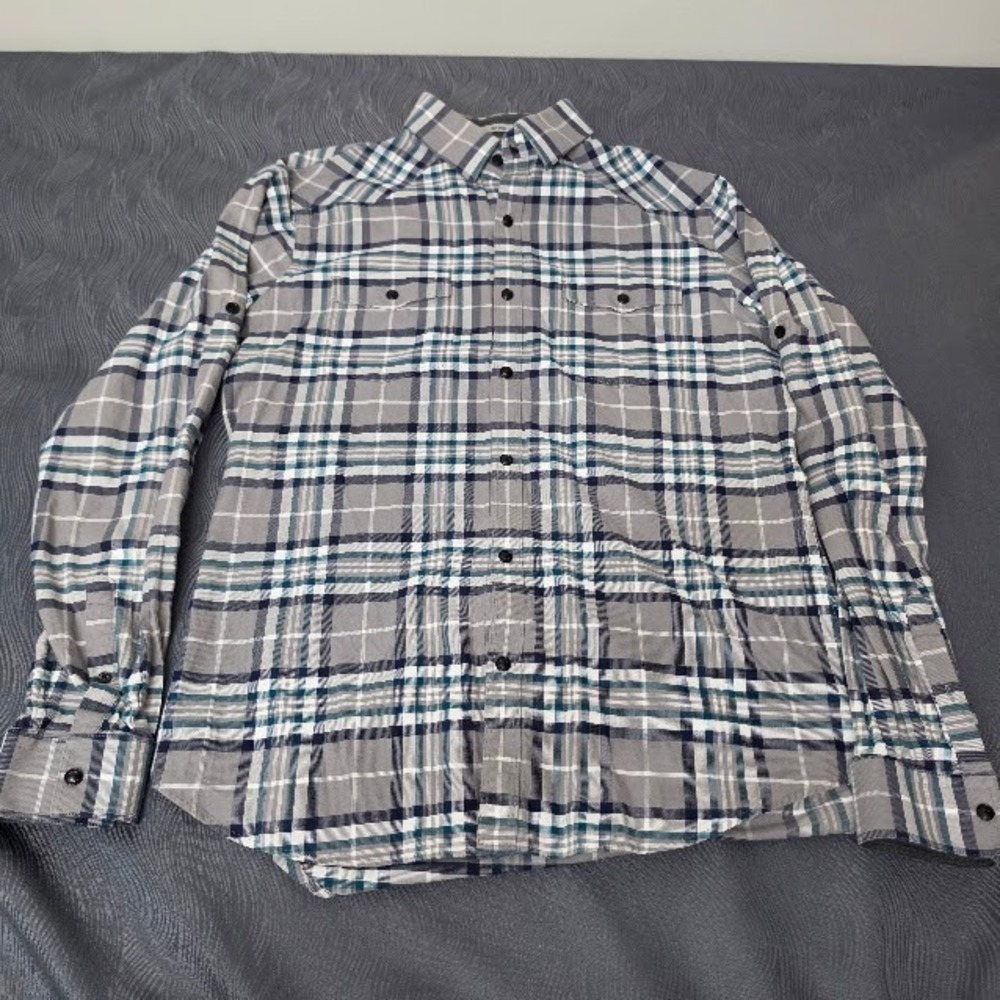 Express Mens Western Fitted Medium Plaid Grey Teal Button Up  M